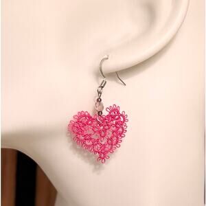 New Pink Lace Heart Earrings, Handmade Boho Dangle Drop Earrings, Tatted Lace